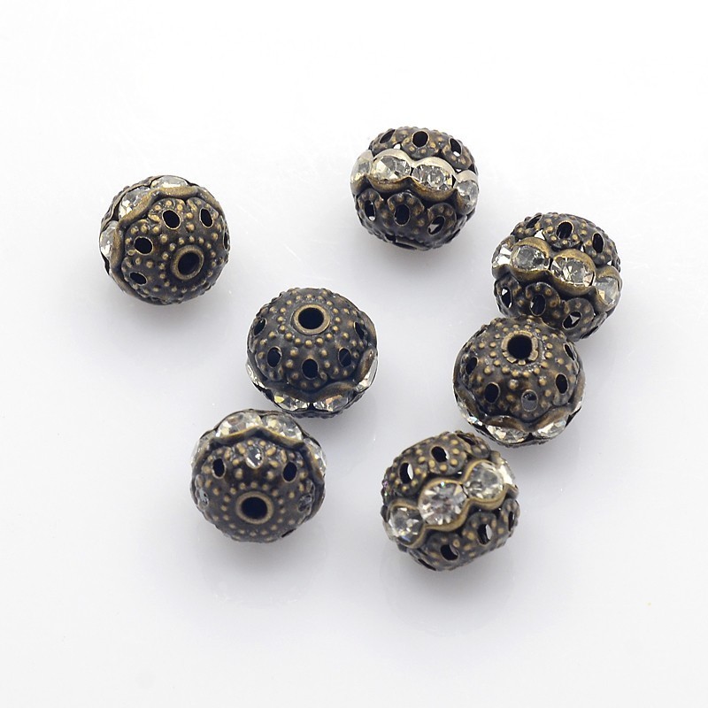 Perle métal et strass bronze antique 10 mm