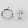 Support de cabochon rond et plat avec décor avion à l'arrière. Couleur argent antique