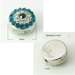Perle ronde 10 mm strass bleu turquoise et platine