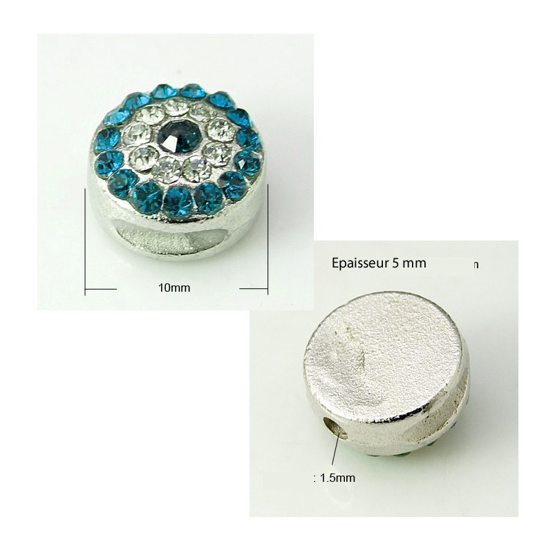 Perle ronde 10 mm strass bleu turquoise et platine