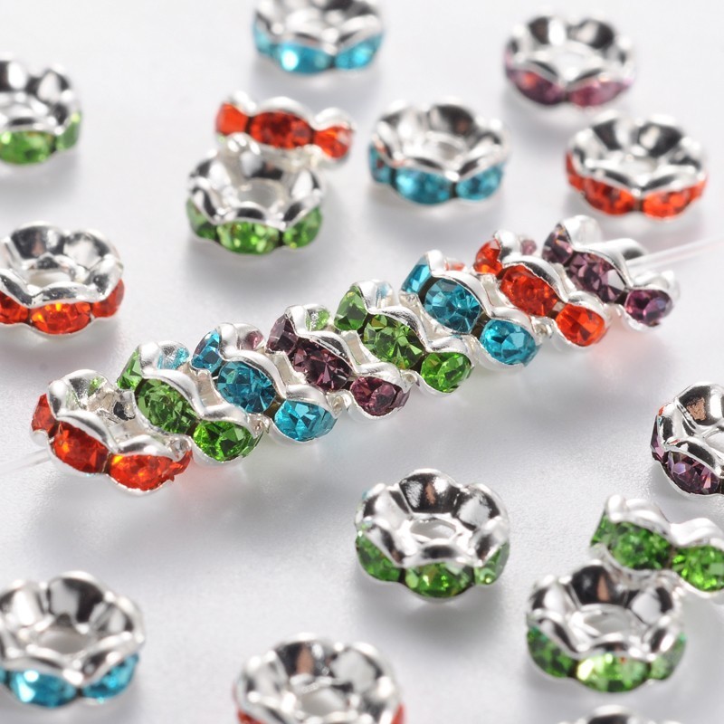 10 perles séparateur 6 mm en laiton avec strass, couleurs mélangées