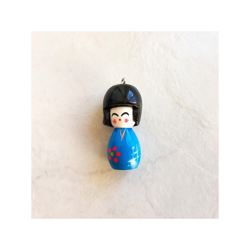 Pendentif poupée japonaise Kokeshi bleue bois laqué bois