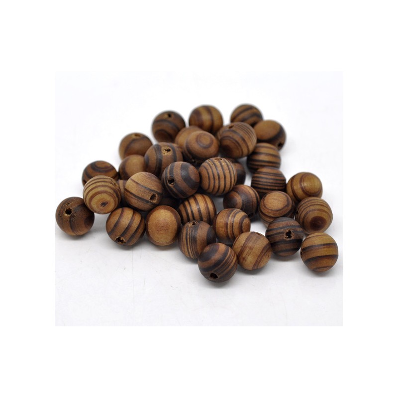 30 Perles rondes en bois 12 mm rayées couleur café Clair intercalaires