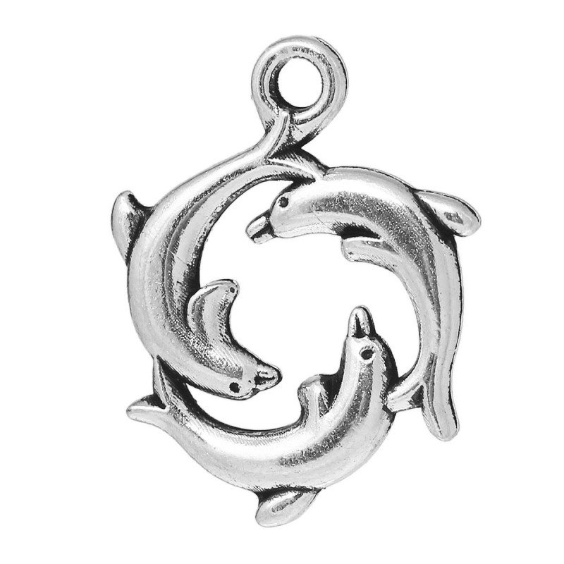 Breloque pendentif 3 dauphins en ronde, pour bijou thème marin