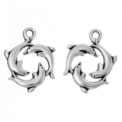 Breloque pendentif 3 dauphins en ronde, pour bijou thème marin recto/verso