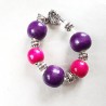 Bracelet style Pandora perles bois prune fushia et cordon cuir