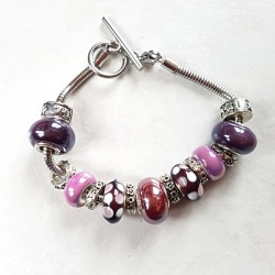 Bracelet style Pandora perles métal, céramique, lampwork prune et  bracelet acier inoxydable
