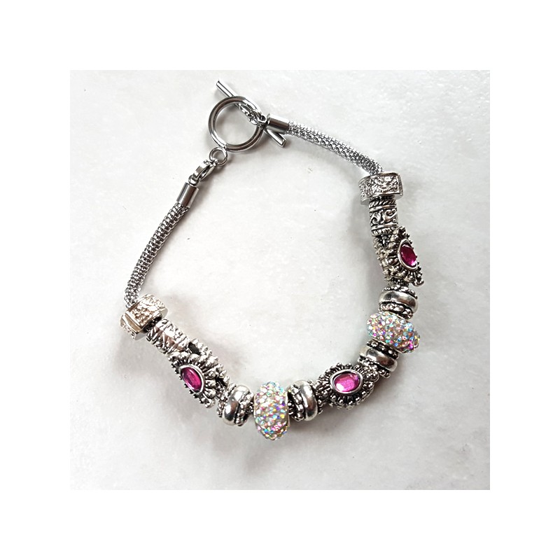 Bracelet style Pandora perles métal, scintillant et strass rose bracelet acier inoxydable