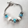 Bracelet style Pandora perles métal, céramique, lampwork bleu/blanc et  bracelet acier inoxydable