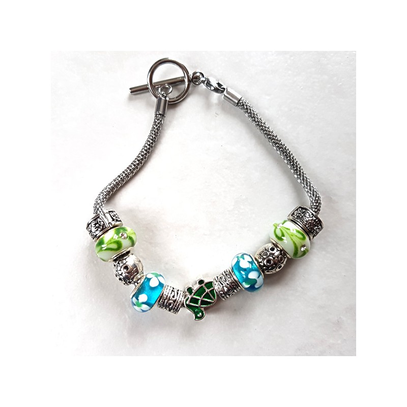 Bracelet style Pandora perles métal, lampwork bleu/vert, tortue et  bracelet acier inoxydable