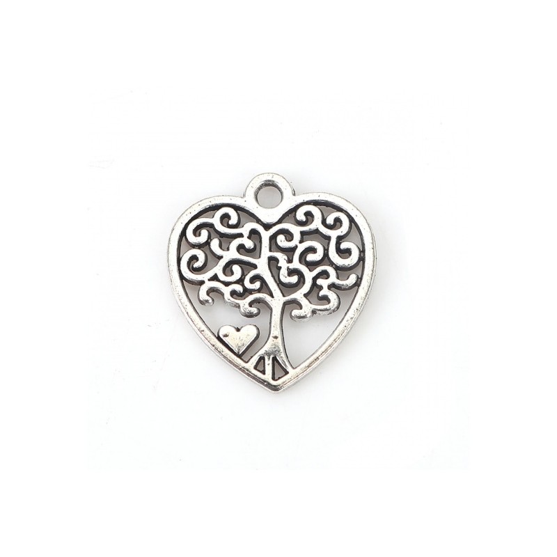 Breloque en pendentif forme coeur avec Arbre de vie en filigrane couleur argent vieilli