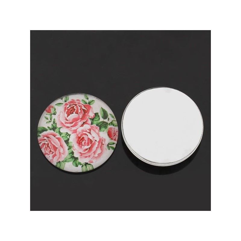 Cabochon rond décor de roses, vert, rose, blanc,  25 mm