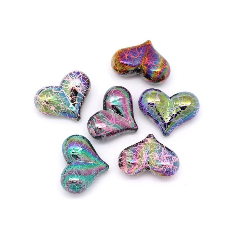 3 Perles coeur, intercalaire 17 x 23 mm couleurs irisées