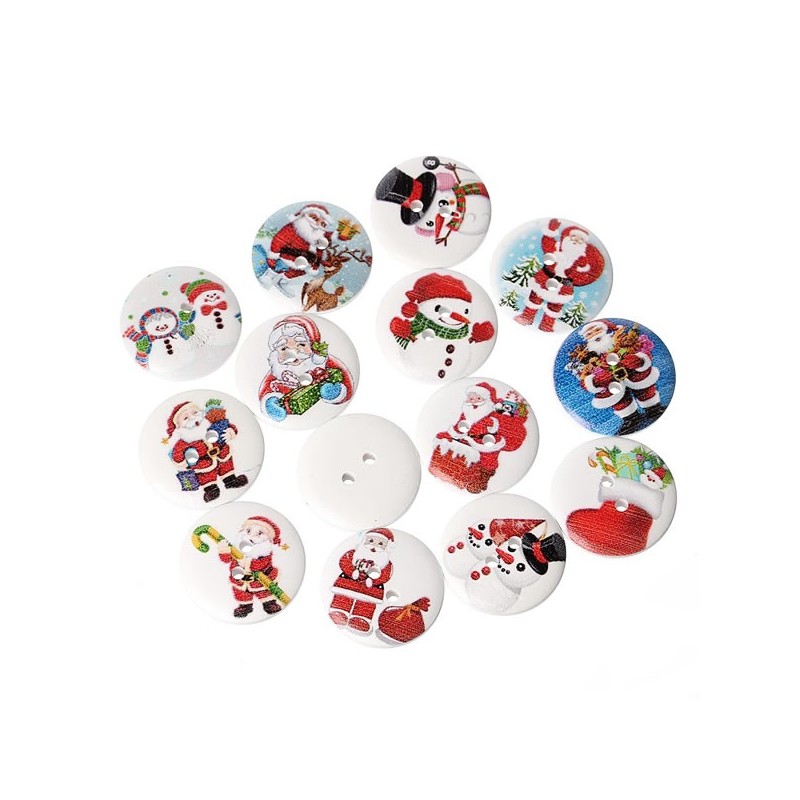 10 boutons bois décor Père-Noël, bonhomme de neige diam 25 mm