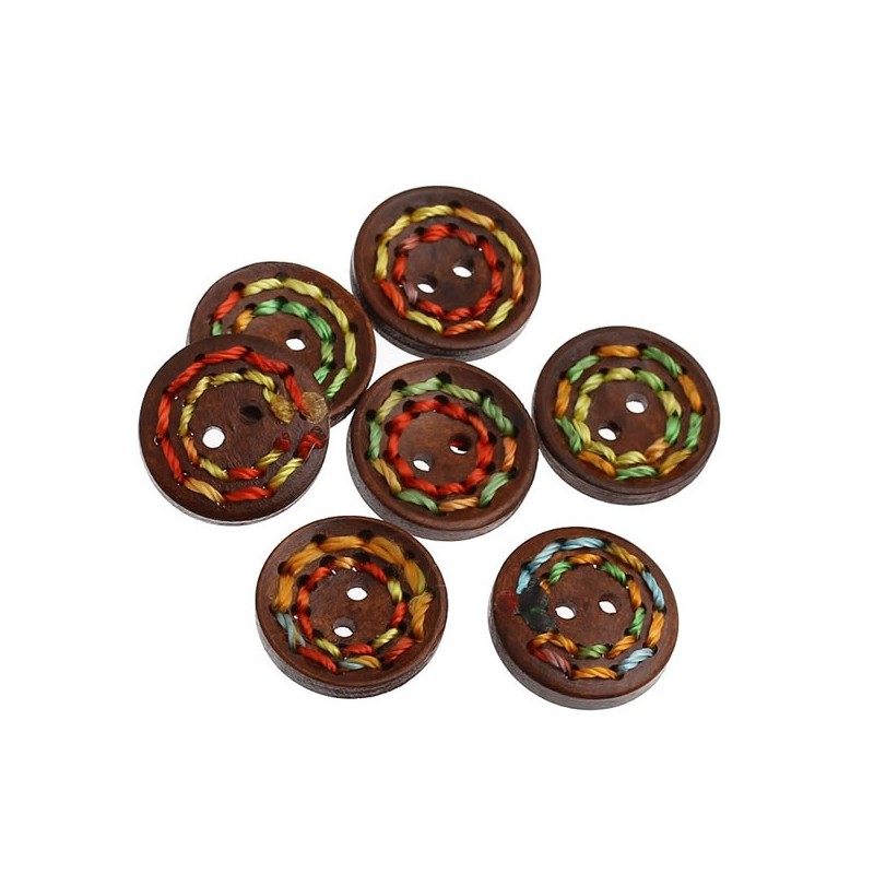 5 boutons bois, 20 mm, 2 trous décor fil couleur