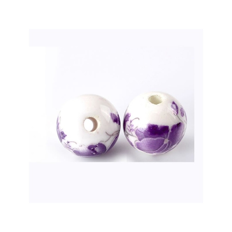 Perle en céramique décor violet et blanc 12 mm