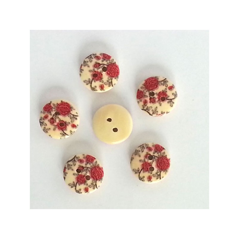 5 boutons bois décor fleur rouges