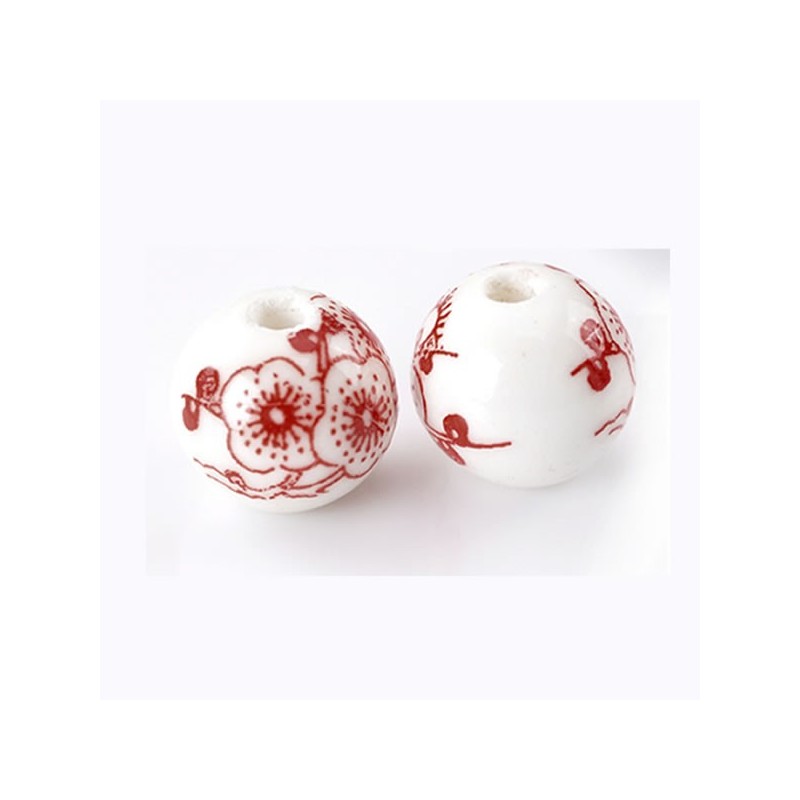 Perle en céramique décor  de fleurs rouge et blanc 12 mm
