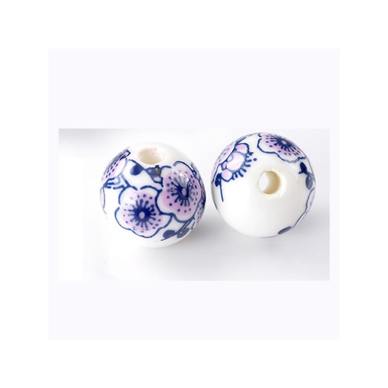 Perle en céramique décor  de fleurs bleu rose blanc 12 mm