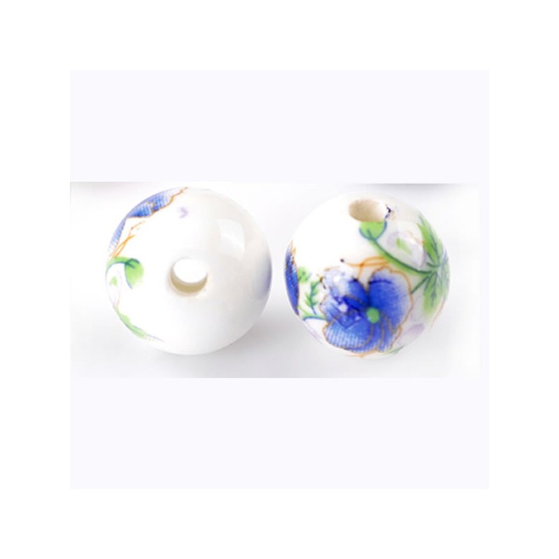 Perle en céramique décor  de fleurs bleu vert blanc 12 mm