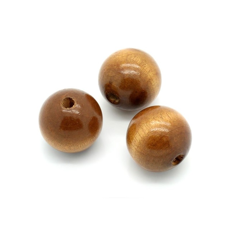 3 Perles boule bois marron vernis 28 mm