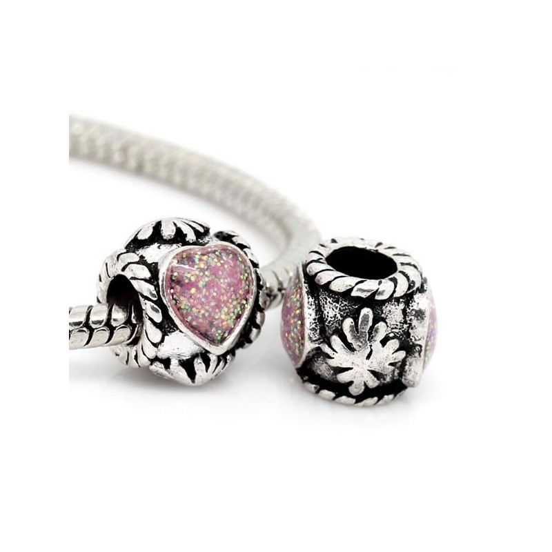 Perle métal avec stras scoeur rose style Pandora