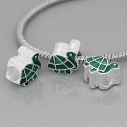 Style Pandora Tortue, perle métal émaillée vert