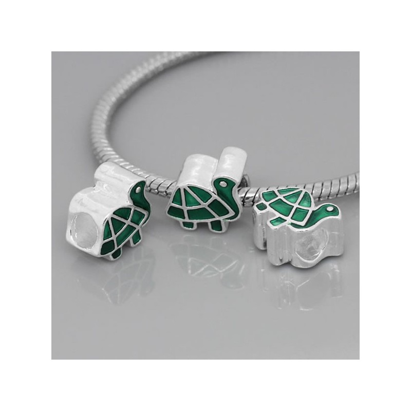 Style Pandora Tortue, perle métal émaillée vert